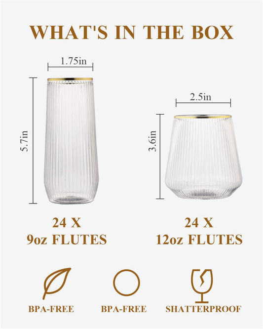 BESTSTAR 48Pack Gold Rim Disposable Ribbed Origami Ripple Plastic Glasses