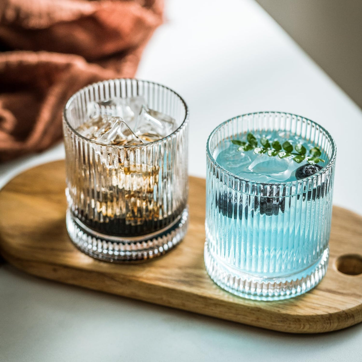 KEMORELA Ribbed Glassware Set of 8—4 Large Capacity Highball Glasses 16oz, 4 Rocks Glass Cups 13oz, Cocktail Glasses, Drinking Glasses Ideal for Beer, Juice, Ice Coffee Cup, Whiskey, Mixed Drinkware