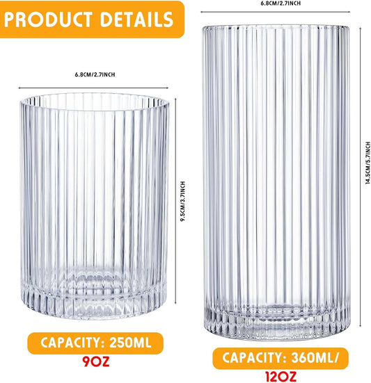 Zhehao 12 Pcs Ribbed Drinking Glasses Clear Vintage Cups Set, 9 oz 12 oz