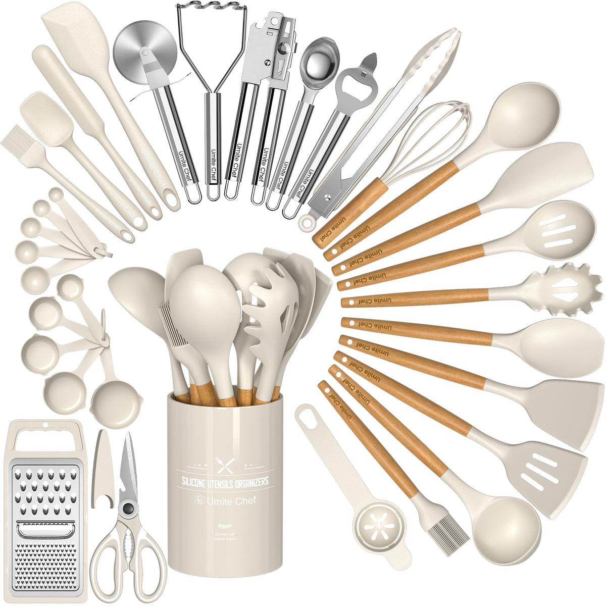 Kitchen Utensils Set- 34PCS Silicone Cooking Utensil with Holder, Umite Chef Heat Resistant Kitchen Spatula Set for Nonstick Cookware, Black Wooden Handles Kitchen Gadgets Tools Set