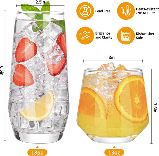 ZMOWIPDL Drinking Glasses Set of 8,Clear 13 oz & 18oz Crystal Glass Cups,Drinkware Glassware,Highball Water Tumbler,Short Stemless Wine Glasses,for Beer,Cocktail,Whiskey,Juice and Various Mixed Drinks