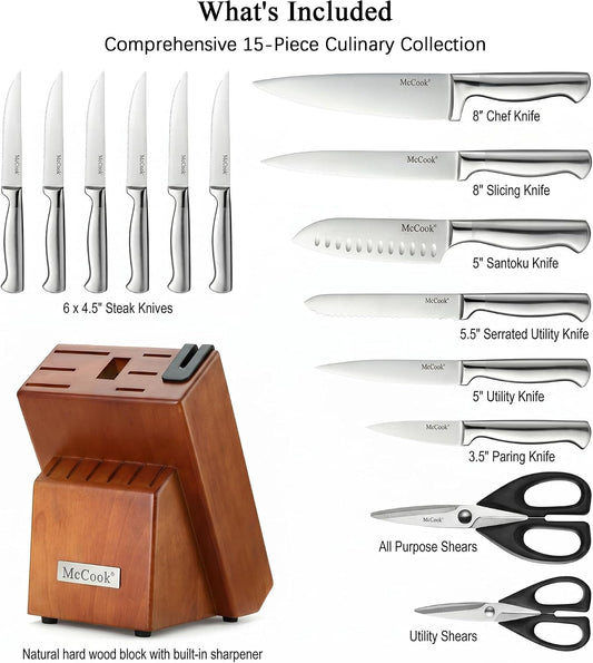McCook Kitchen Knife Set 15PC Knife Block Set w Built-in Sharpener