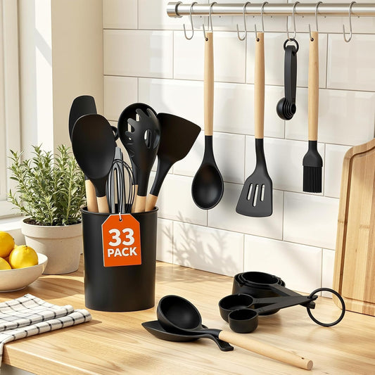 33Pcs Kitchen Utensils Set Silicone Cooking Utensils Set with Wooden Handle