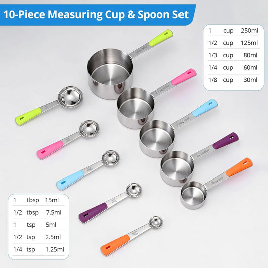 Bopei 10-Pcs Stainless Steel Measuring Cups & Spoons Set, Colorful Handles