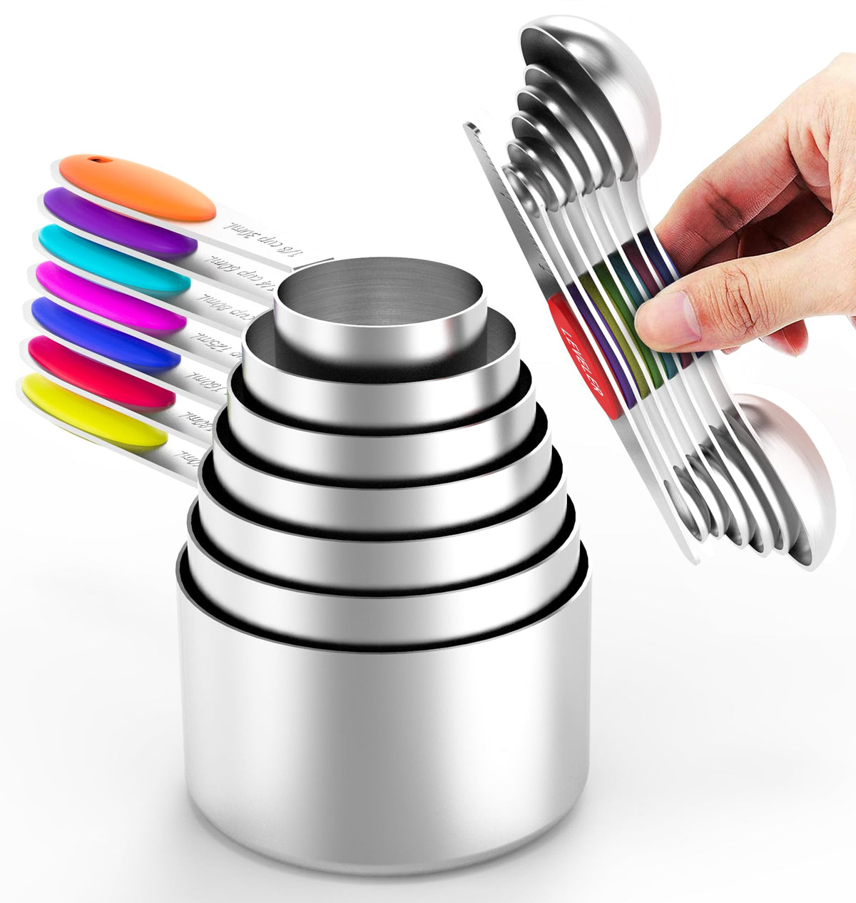 TILUCK Nesting Measuring Cups and Spoons Set, Stainless Steel with Soft Silicone Handle – Heavy Duty & Dishwasher Safe for Measuring Dry/Liquid Ingredients, Ideal for Cooking & Baking (10)