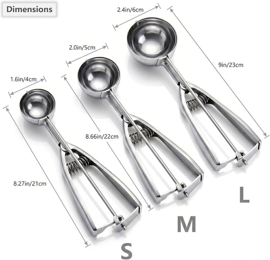 Ice Cream Scoop, 3Pcs Cookie Scoop Set, Stainless Steel Ice Cream Scooper with Trigger Release, Large/Medium/Small Cookie Scooper for Baking, Cookie Scoops for Baking Set of 3 with Cookie Dough Scoop