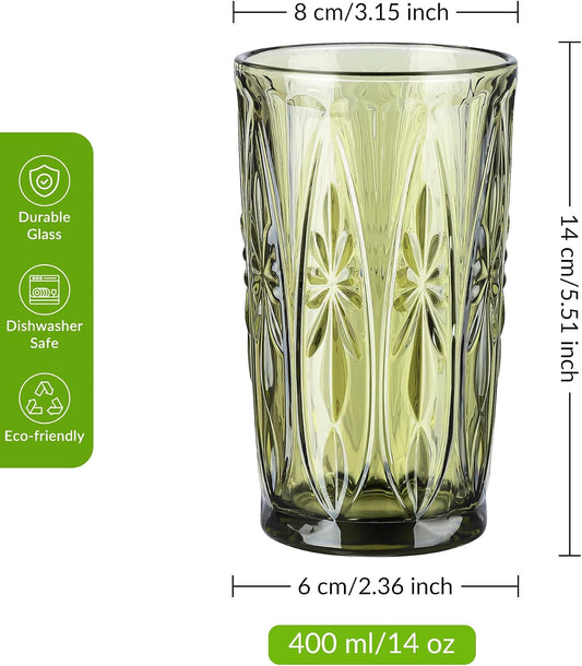 Joeyan Green Vintage Drinking Glasses,Embossed Highball Water Glass Tumbler