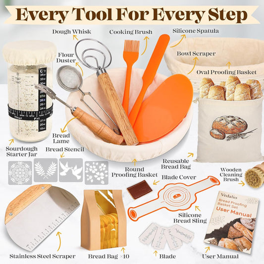 Sourdough Starter Kit with Bread Proofing Baskets, Jars, Baking Essentials
