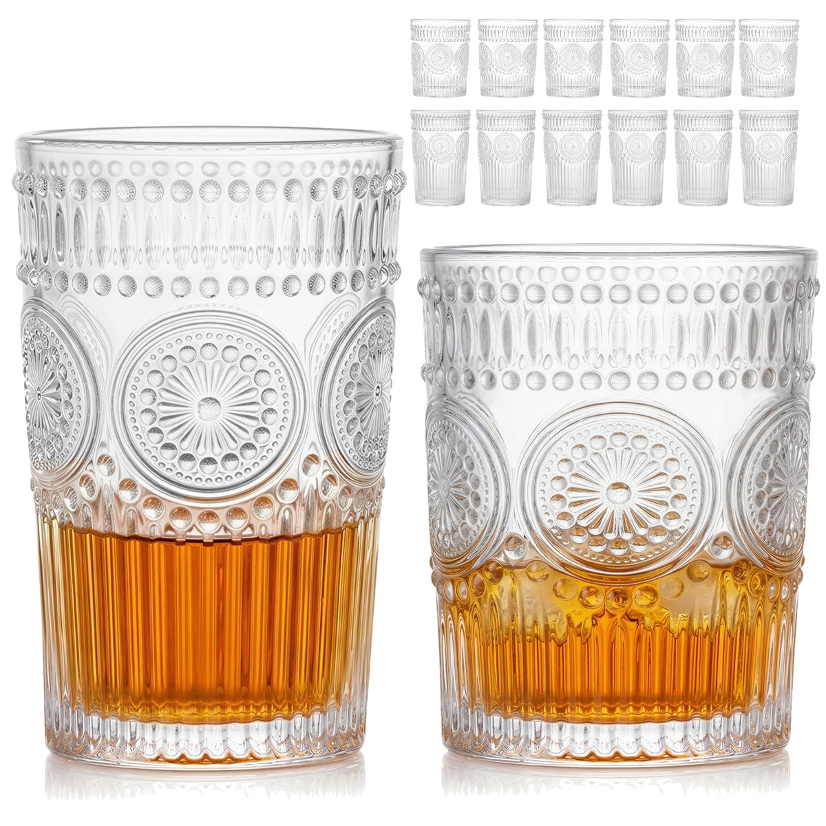 Moretoes Ribbed Glass Cups Set of 12 Drinking Glasses