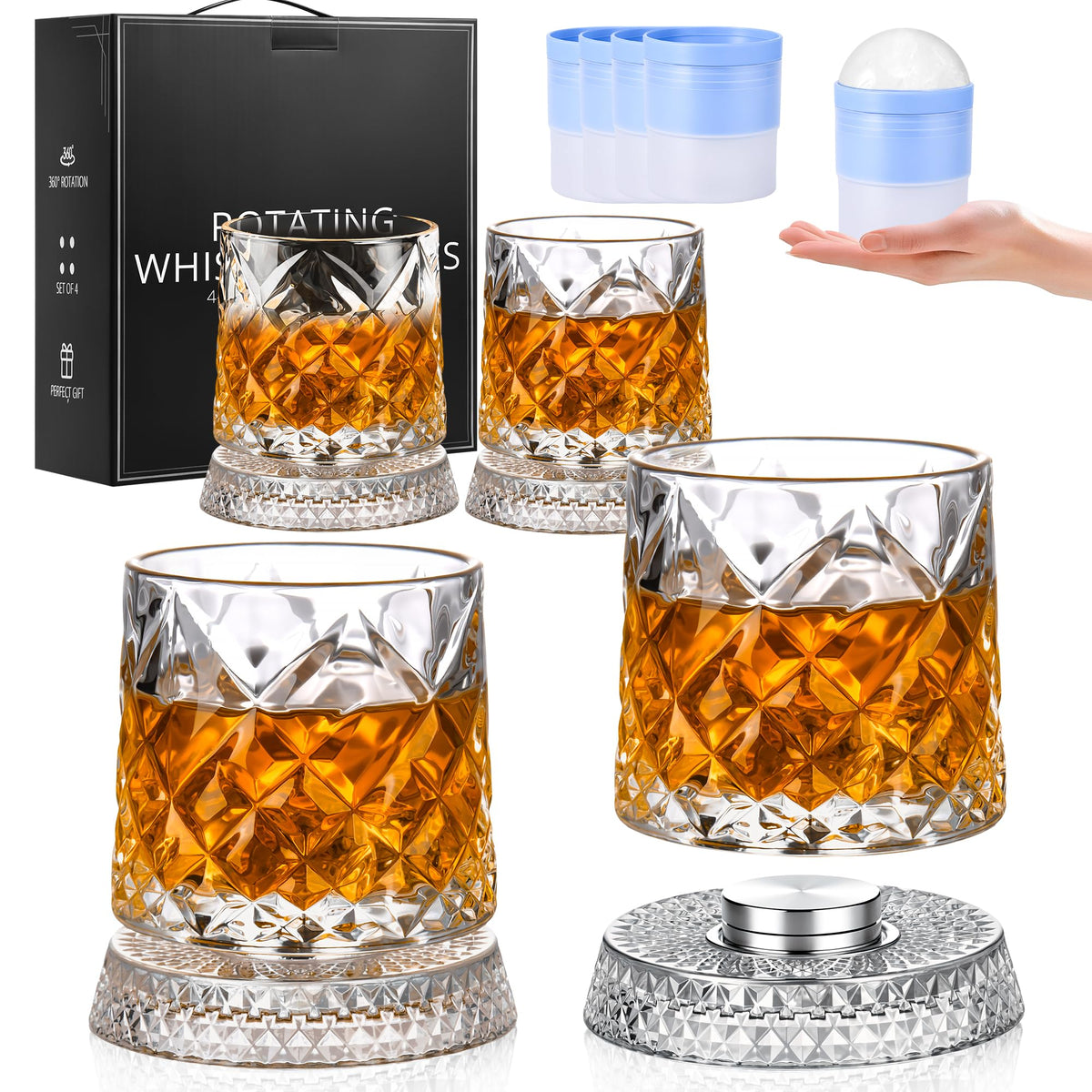 GuGen Spinning Whiskey Glasses, Rotating Old Fashioned Rocks Glasses, 9.5oz Lead-Free Clear Bourbon Scotch Liquor Cocktail Glasses with Ice Ball Molds, Set of 4 for Home Bar Party Whiskey Lovers Gift