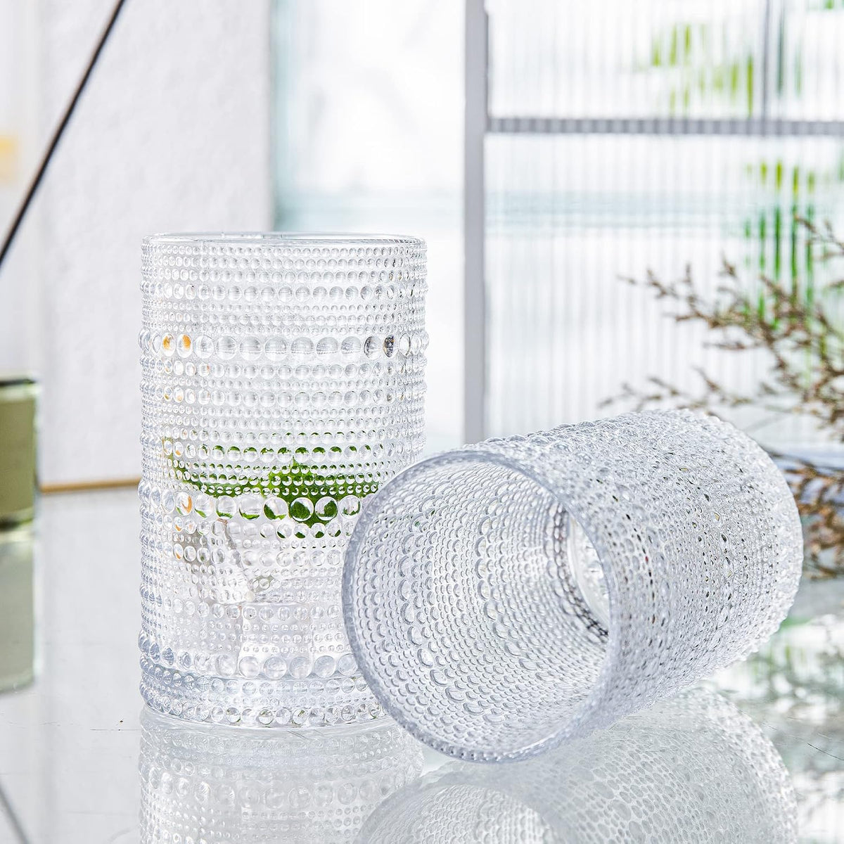 Hobnail Drinking Glasses Set of 4, Art Deco Vintage Glassware, 12 oz Tall Crystal Tumblers, Clear Embossed Glass Cups, Romantic Iced Beverage Glass, for Beer, Cocktail, Soda, Cappuccino