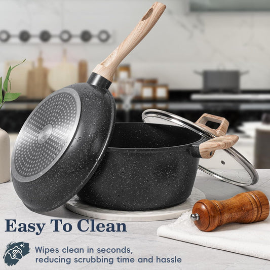 SODAY Pots and Pans Set Non Stick, 12Pcs Black Granite Induction Cookware