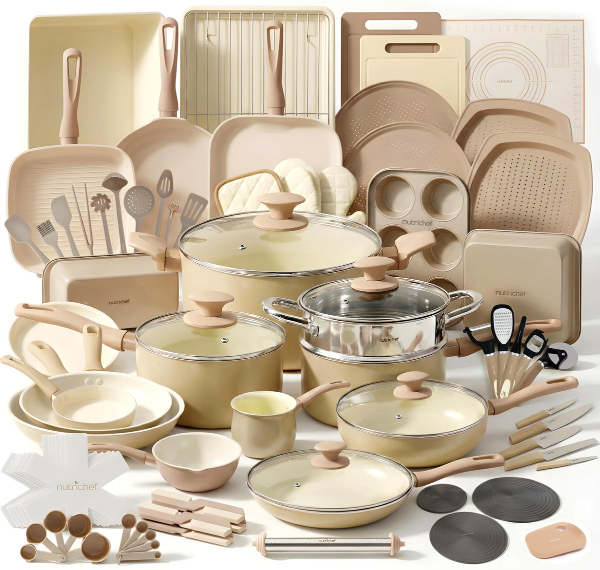 Nutrichef 54 Piece Professional Grade Complete Home Kitchen Cookware Set, Ceramic Non-Stick Bakeware, Pot and Pans Kit, Cool-Touch Handles, Safe for Gas, Electric, Induction Cooktops, Easy Clean