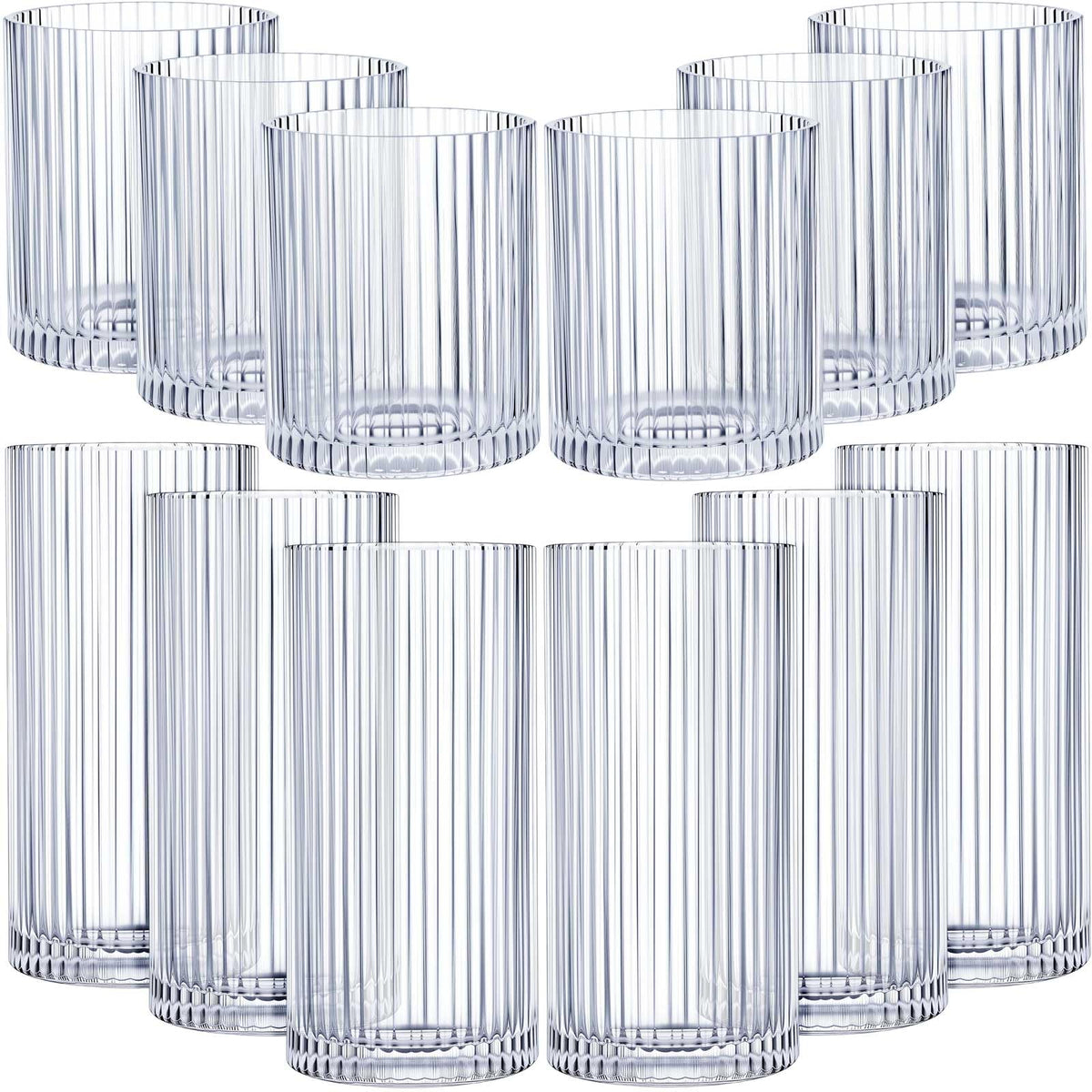 Zhehao 12 Pcs Ribbed Drinking Glasses Clear Vintage Cups Set, 9 oz 12 oz