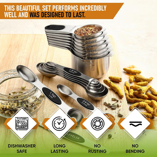 Spring Chef Magnetic Measuring Cups & Spoons Set of 15 with Levelers, Black