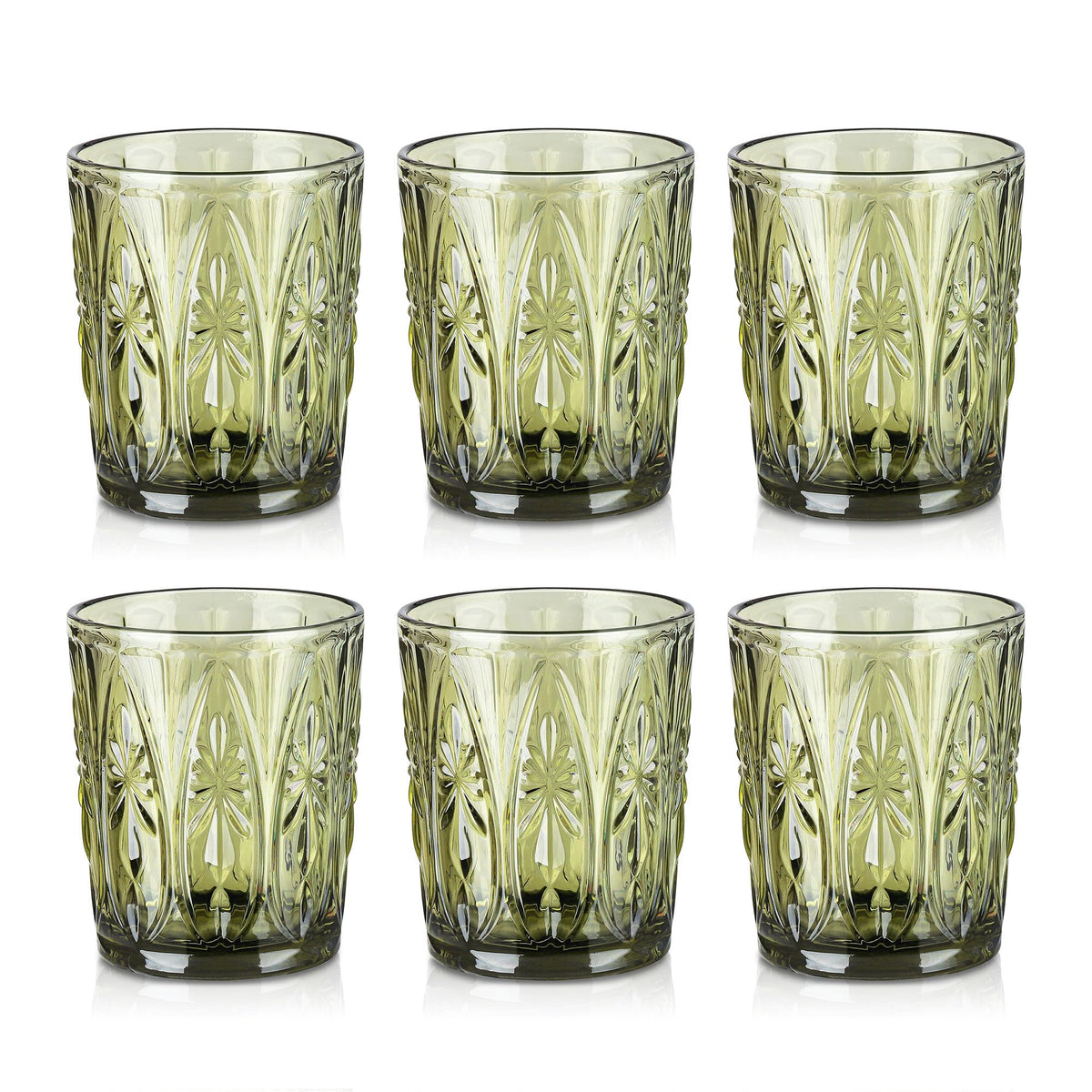 Joeyan Green Vintage Drinking Glasses,Embossed Highball Water Glass Tumbler