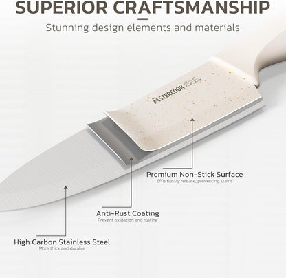 Astercook Knife Set, 15 Pieces Kitchen Knife Set with Sharpener Block, German Stainless Steel Knives with Anti-Rust Coating, Dishwasher Safe, Elegant Cream White Design, Perfect for Holiday Gifts