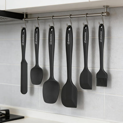 NileHome 6 Pieces Silicone Spatula Set with Silicone Brush,Mixing-Black