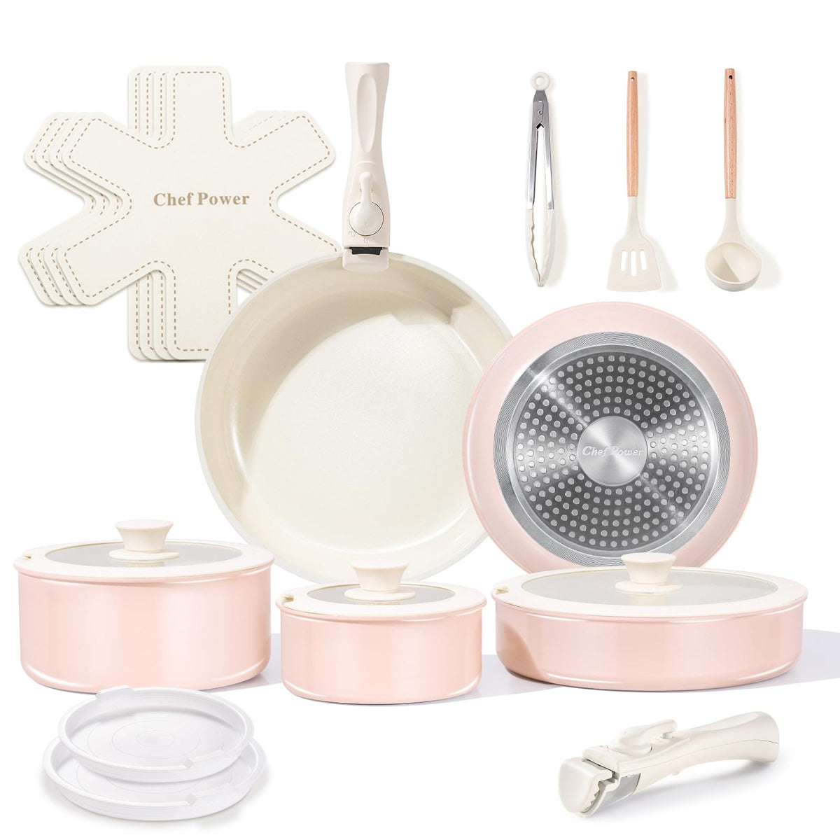 Chef Power Ceramic Cookware Set Non Toxic with Detachable Handles, Healthy Nonstick Pans and Pots Set 19 Pcs, Induction Dishwasher Oven Safe Kitchen Set, PFAS PFOA & PTFE Free, Cream White