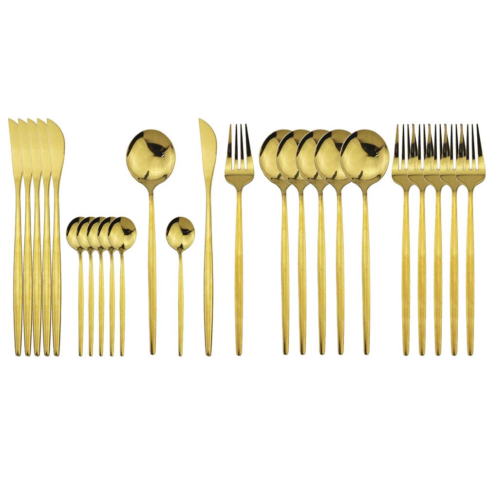 JASHII 24 Pieces 304 Stainless Steel Rose Cutlery Set Home Kitchen Silverware Set, Mirror Polished, Knife/Fork/Spoon, Modern Elegant Silverware Set for Party, Christmas