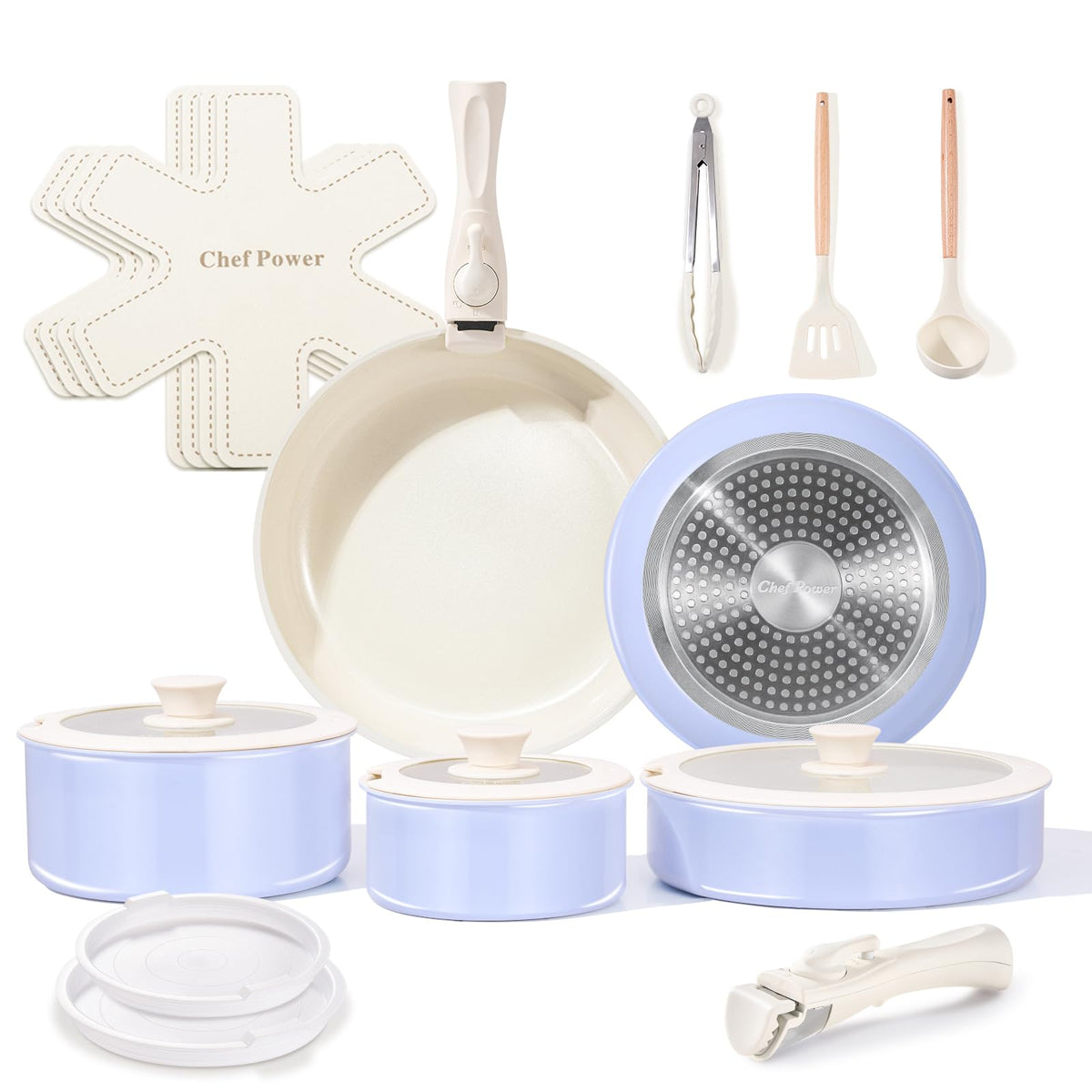 Chef Power Ceramic Cookware Set Non Toxic with Detachable Handles, Healthy Nonstick Pans and Pots Set 19 Pcs, Induction Dishwasher Oven Safe Kitchen Set, PFAS PFOA & PTFE Free, Cream White