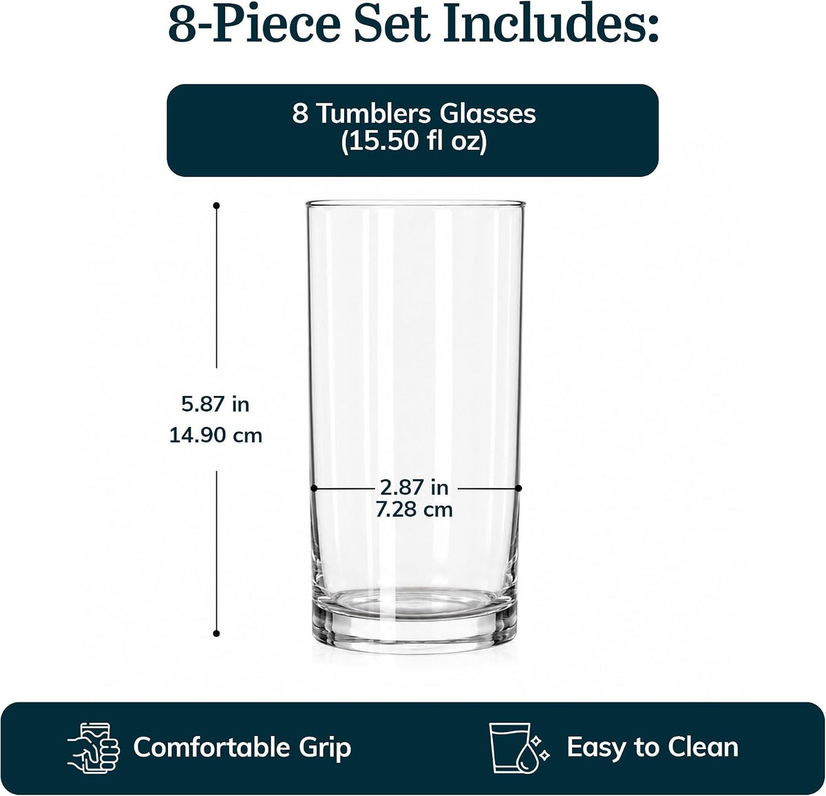 Libbey Heavy Base Drinking Glasses Set of 8, Weighted Clear Water Cups