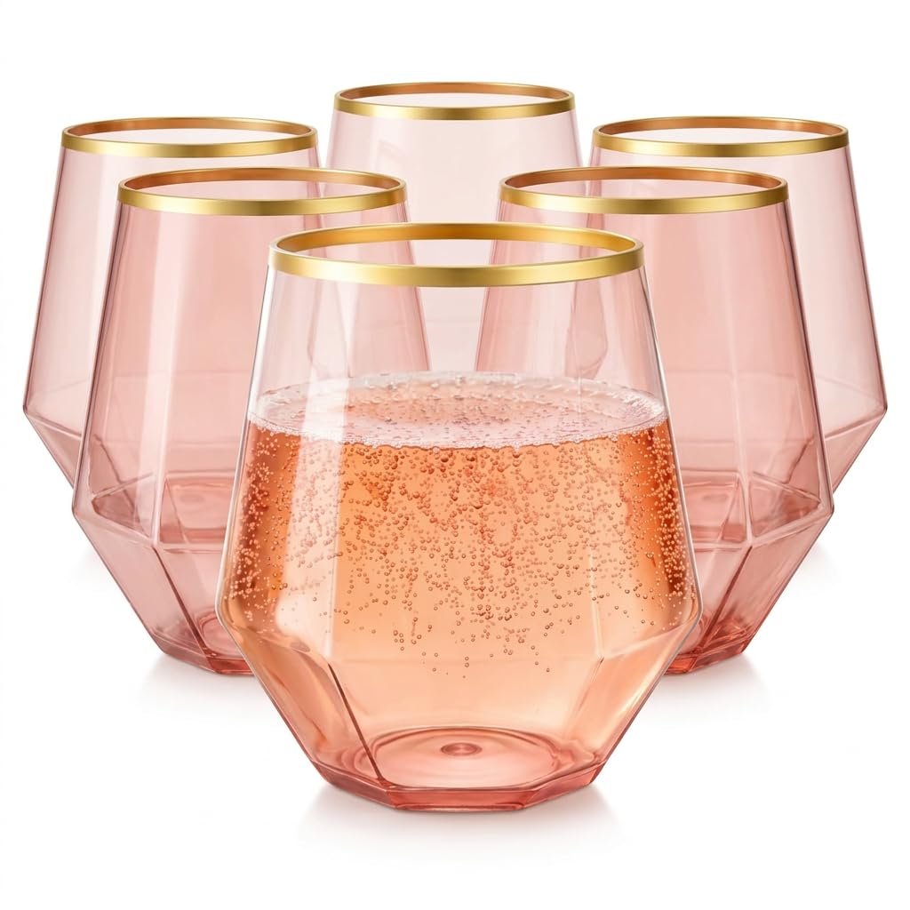 40 Pack Disposable Plastic Wine Glasses 12 oz Diamond Stemless Clear Cups