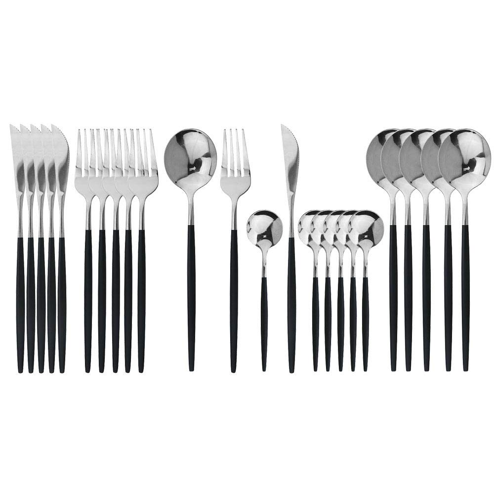 JASHII 24 Pieces 304 Stainless Steel Rose Cutlery Set Home Kitchen Silverware Set, Mirror Polished, Knife/Fork/Spoon, Modern Elegant Silverware Set for Party, Christmas