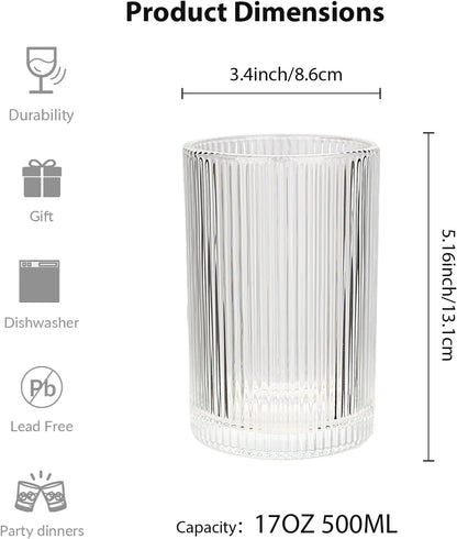 Set of 6 Large capacity Ribbed Glassware, 17oz Vintage Clear Glass Tumbler, Origami Style, Fluted Design, Ideal for Water, Iced Coffee, Mixed Drinkware, Tea, Latte, Housewarming Gift
