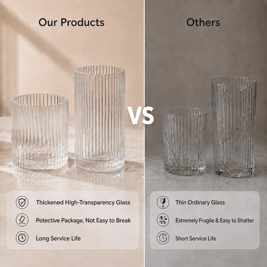 Ribbed Drinking Glasses 8pcs, 12oz and 10oz Glassware, Tumbler Glasses Cup Set for Wedding, Party, Christmas Gift, Clear