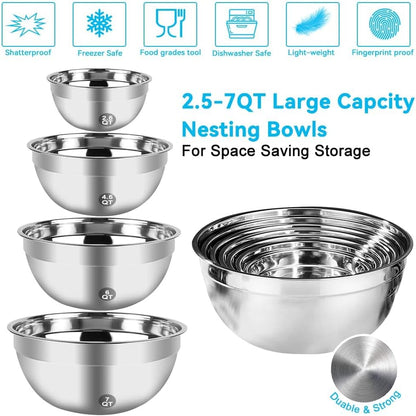 WEPSEN Hand Mixer Electric Mixing Bowls Set, 5 Speeds Handheld Mixer with 4 Nesting Stainless Steel Mixing Bowl, Measuring Cups Spoons 200W Kitchen Blender Whisk Beater Baking Supplies For Beginner