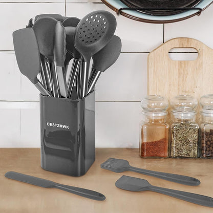 Kitchen Utensil Set-Silicone Cooking Utensils-33 Kitchen Gadgets & Spoons for Nonstick Cookware-Silicone and Stainless Steel Spatula Set-Best Kitchen Tools, Useful Pots (Grey)
