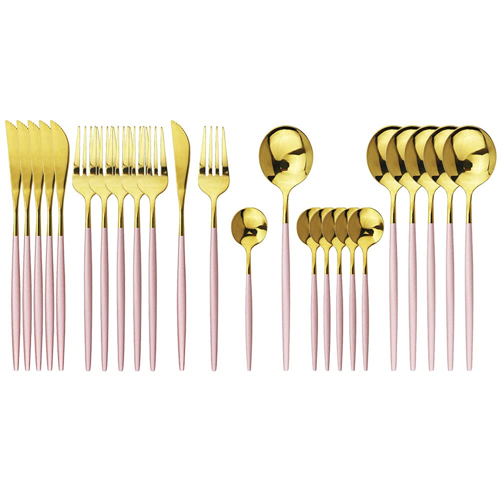 JASHII 24 Pieces 304 Stainless Steel Rose Cutlery Set Home Kitchen Silverware Set, Mirror Polished, Knife/Fork/Spoon, Modern Elegant Silverware Set for Party, Christmas