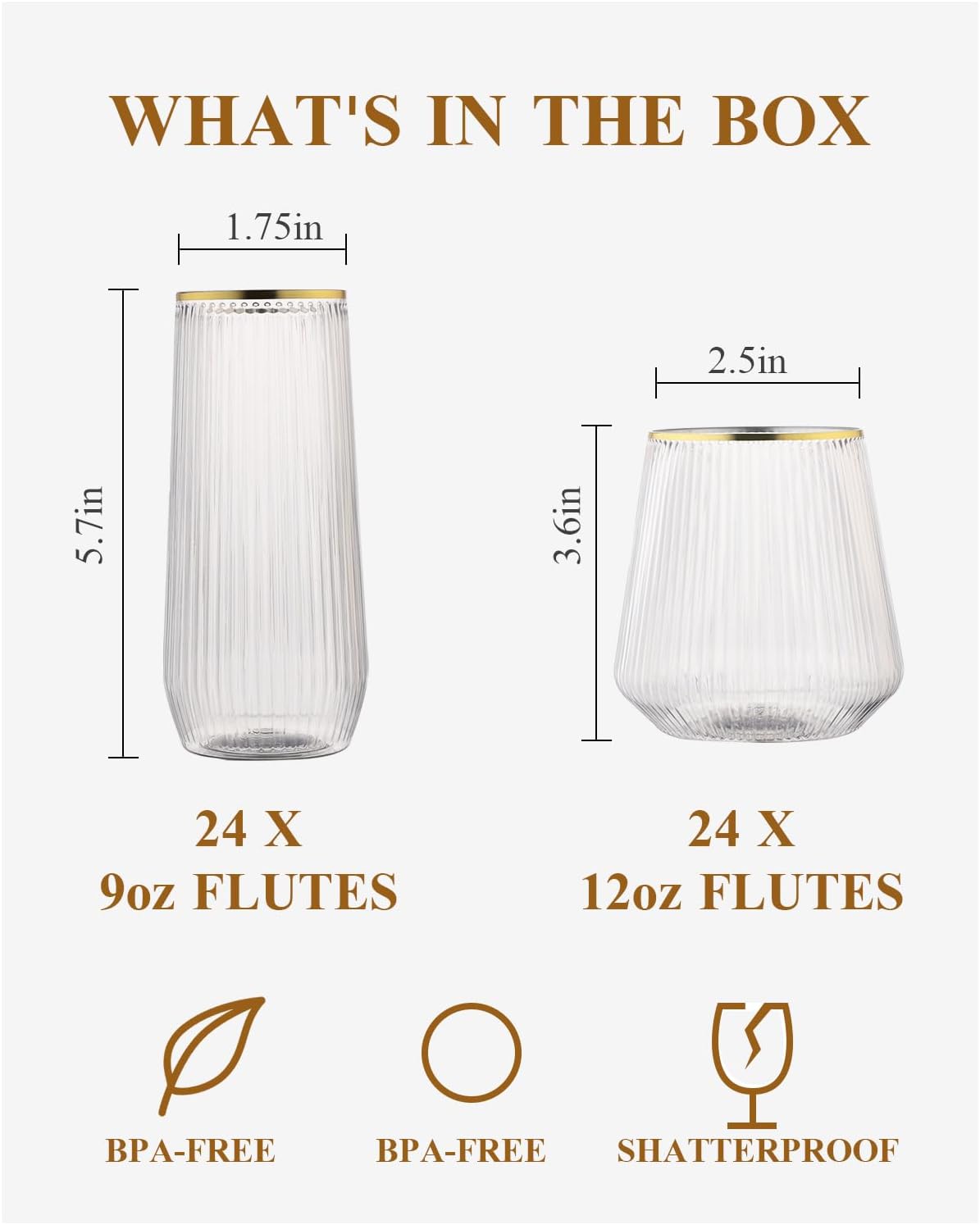 BESTSTAR 48Pack Gold Rim Disposable Ribbed Origami Ripple Plastic Glasses