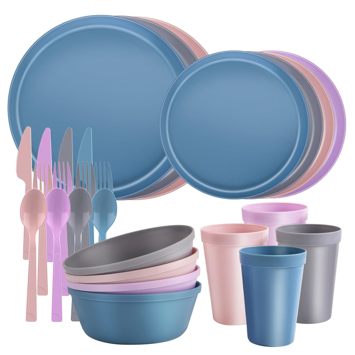 Plates and Bowls Sets, Plastic Kitchen Dinnerware Sets, Serves 8