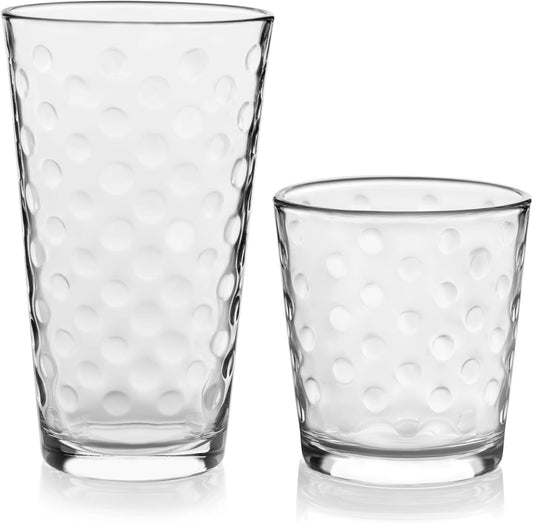 Libbey Awa Polka Dot Tumbler & Rocks Drinking Glasses Set of 16, Glass Cups