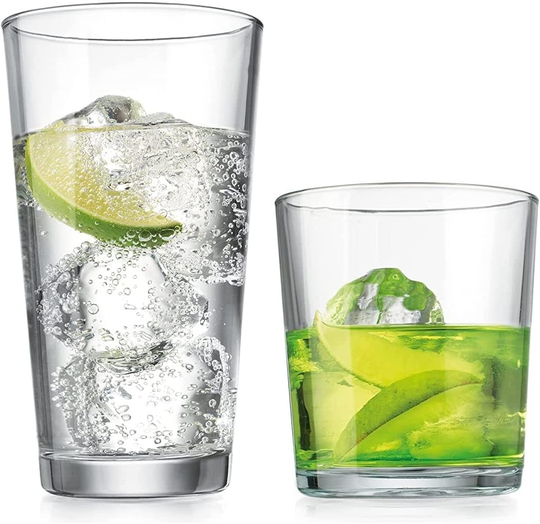 Glaver's Drinking Glasses Set of 12. Glassware set, 6 Highball Glass Cups, 6 Whiskey glasses. Classic Drinkware Set 17 oz Tall Glasses Set and 13 oz Rock Glasses.