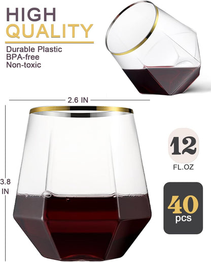 40 Pack Plastic Wine Glasses, 12 Oz Disposable Cocktail Whiskey Glasses
