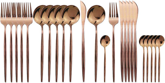 JASHII 24 Pieces 304 Stainless Steel Rose Cutlery Set Home Kitchen Silverware Set, Mirror Polished, Knife/Fork/Spoon, Modern Elegant Silverware Set for Party, Christmas