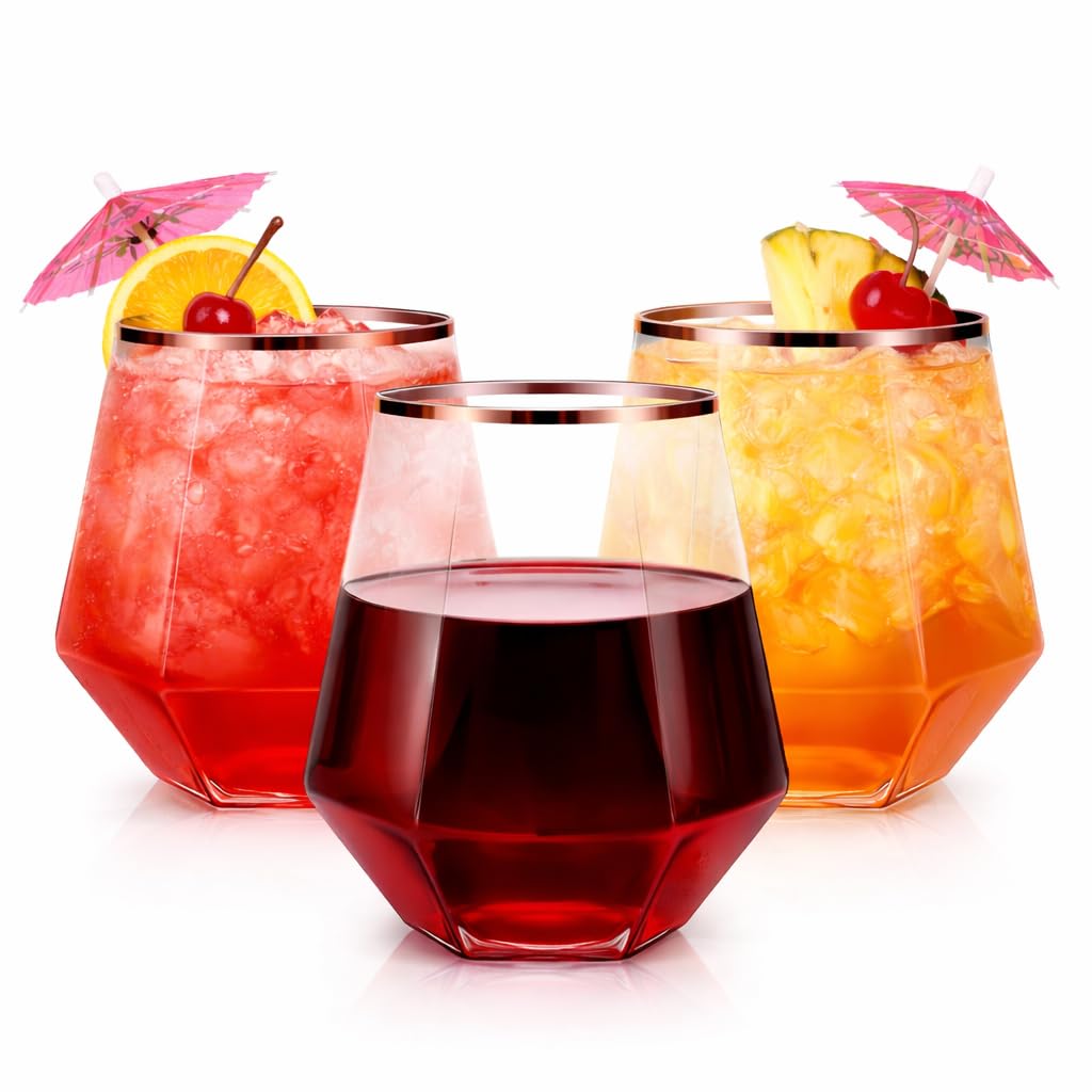 40 Pack Disposable Plastic Wine Glasses 12 oz Diamond Stemless Clear Cups