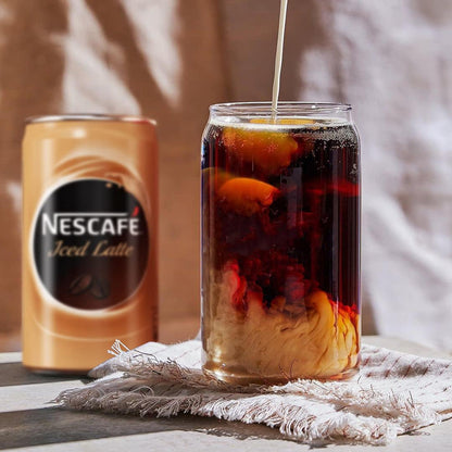 Le'raze Set of 6 Patented Can Shaped® Drinking Glasses - 16oz Clear Goblet Glass Cups for Margarita, Cocktails, Iced Coffee, Tea, Soda, Whiskey, Water and Beer