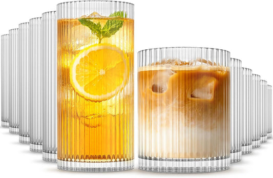 INSETLAN 12-Piece Ribbed Glassware - 6 Highball Glasses 12 oz, 6 Rocks Glass Cups 14 oz, Vintage Cocktail Drinking Glasses, Ideal for Wine, Juice, Water, Ice Coffee Cup, Whiskey, Mixed Drinkware