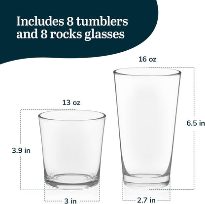Libbey Preston Tumbler & Rocks Drinking Glasses Set of 16, All-Purpose Cups