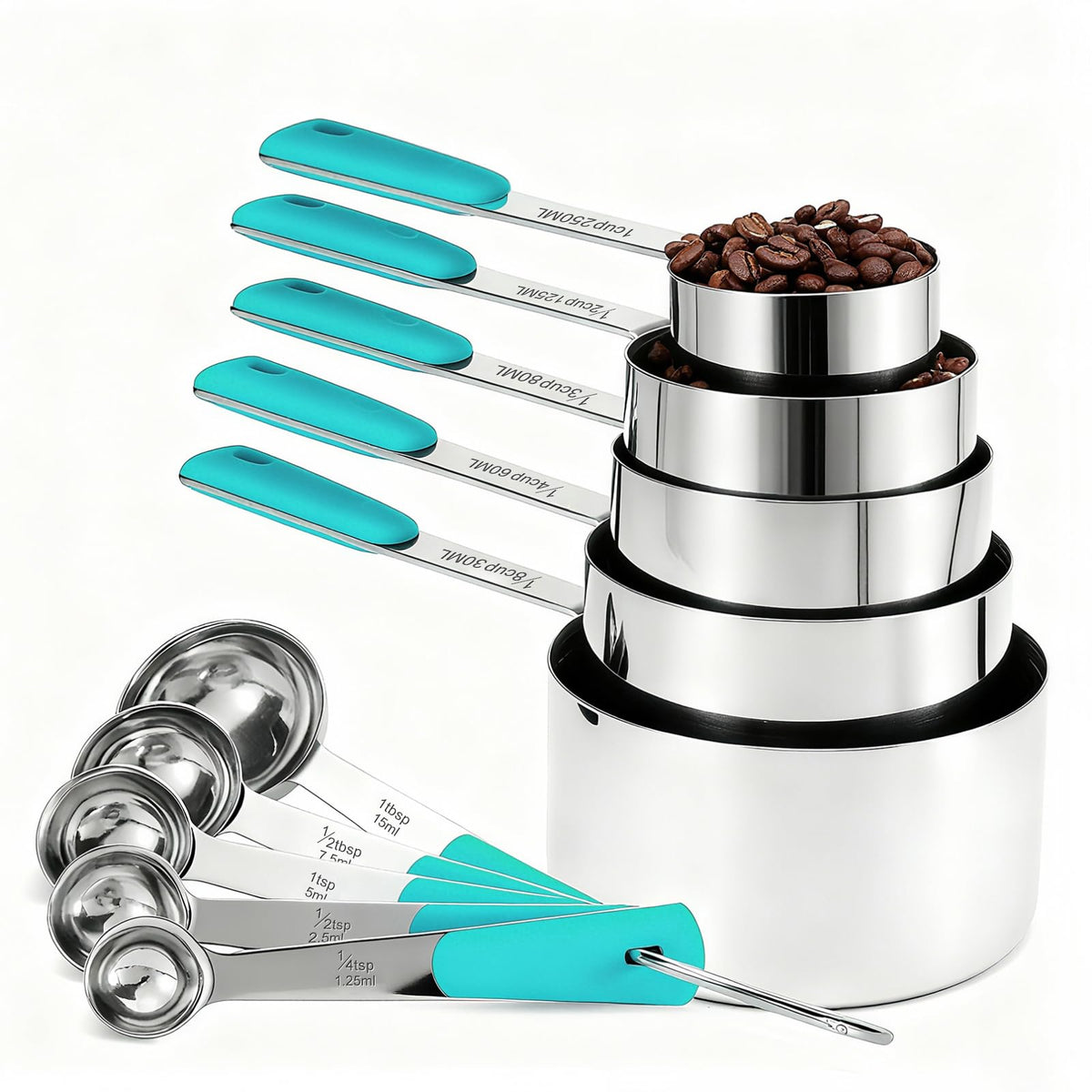 Bopei 10-Pcs Stainless Steel Measuring Cups & Spoons Set, Colorful Handles