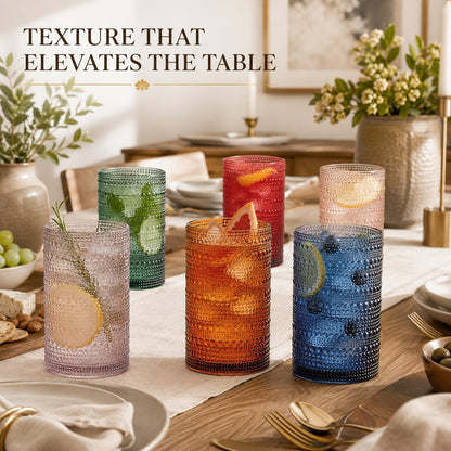 Khen Plastic Hobnail Drinking Highball Glasses Set of 6 Neutral Tones Cups 14oz, Shatterproof & Unbreakable Acrylic Beaded Design, BPA-Free, Dishwasher Safe Indoor/Outdoor Drinkware Water, Cocktails