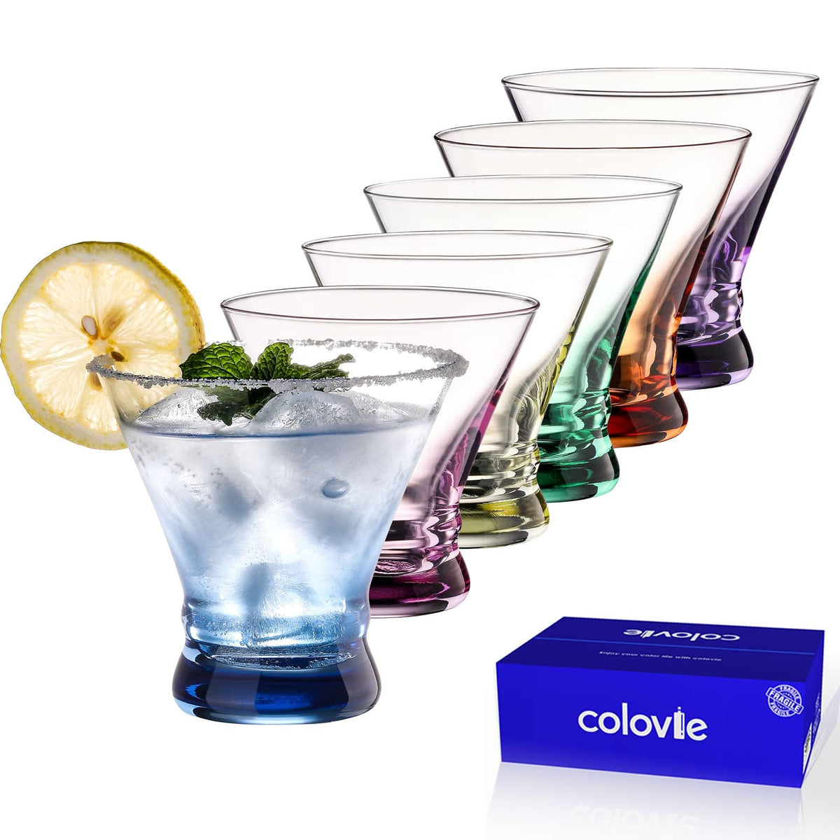 ColoVie Stemless Martini Glasses Set of 6, Colored Cocktail Cups, Home Bar