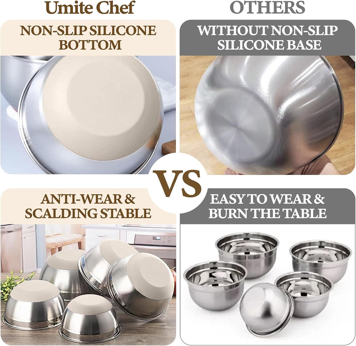 Umite Chef Mixing Bowls with Airtight Lids Set, 8PCS Stainless Steel Nesting Bowls with Grater Attachments, Non-Slip Bottoms, 5, 4, 3.5, 2, 1.5QT for Mixing & Serving