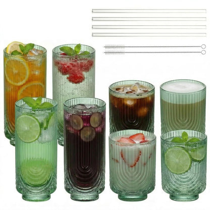 Ribbed Glass Cups with Straws, Pink Glass Drinking Cups, Drinking Glasses Set of 8, 13oz Highball & 10oz Water Glasses, Vintage Kitchen Glassware Set for Juice, Coffee, Cocktail, Whiskey