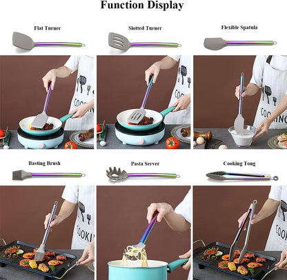 38 Piece Silicone kitchen Cooking Utensils Set with Utensil Crocks, Silicone Head and Stainless Steel Handle Cookware, Kitchen Tools for Utensil Set, Non-Stick kitchen Gadgets,Dishwasher Safe(Rainbow)