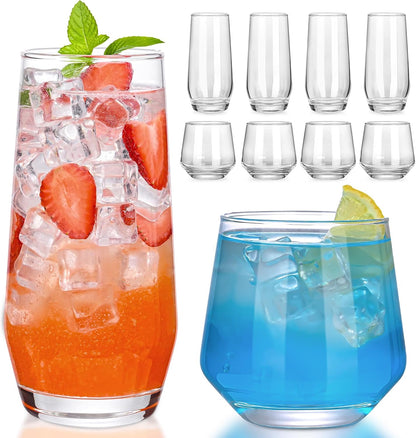 ZMOWIPDL Drinking Glasses Set of 8,Clear 13 oz & 18oz Crystal Glass Cups,Drinkware Glassware,Highball Water Tumbler,Short Stemless Wine Glasses，for Beer,Cocktail,Whiskey,Juice and Various Mixed Drinks